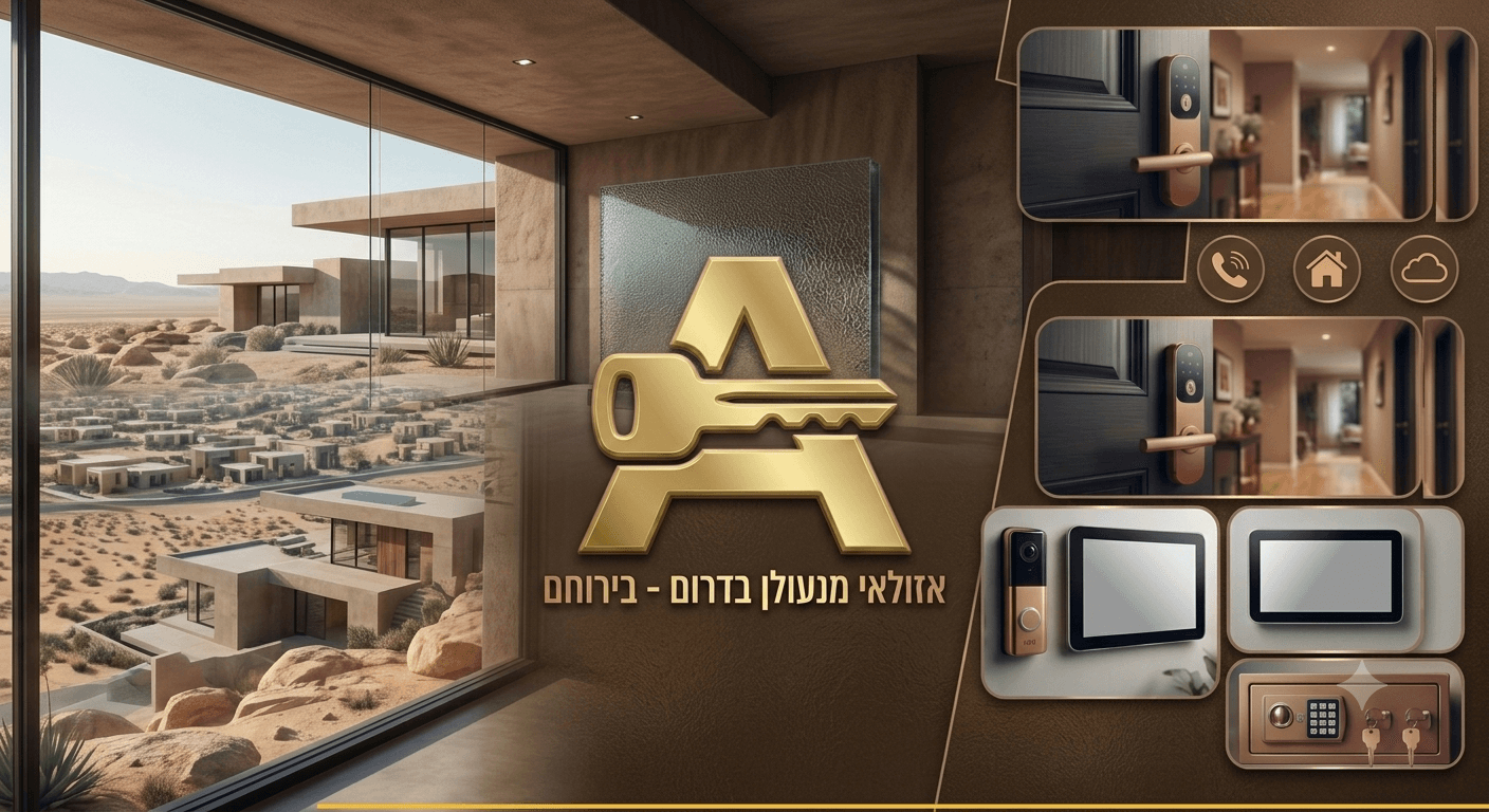 מגוון פתרונות אבטחה מתקדמים של אזולאי מנעולן בדרום, כולל שדרוג למנעול טביעת אצבע, אינטרקום וידאו ומצלמות אבטחה לבתים פרטיים ועסקים בירוחם והסביבה. אזולאי מנעולן בדרום בירוחם - לוגו זהב של אזולאי לצד פתרונות אבטחה חכמים לבתים ועסקים: מנעול דיגיטלי, קודן, אינטרקום וכספת. שירות בנגב, דימונה, באר שבע, מצפה רמון, ערד, מרחב עם, משאבי שדה ויישובי הסביבה.